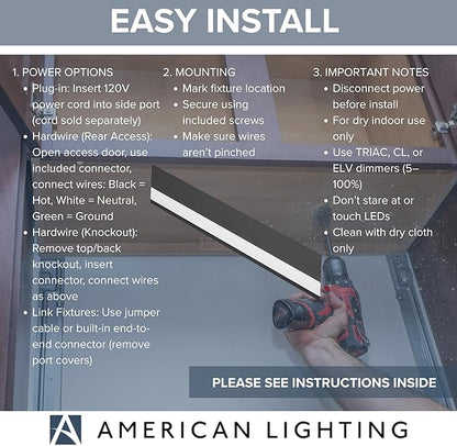 American Lighting LED Courant Plus Undercabinet Light 40 Inch 5CCT 90+ CRI 2000 Lumens with USB-A USB-C and 20A Receptacles Black Finish – Title 24 Compliant