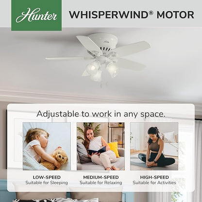Hunter 42 inch Indoor Ceiling Fan with LED Lights - White Ceiling Fan with Pull Chain, For Bedroom, Living Room, or Kitchen, Low Profile Flush Mount, No Remote, 5 Blades - Builder 51090, Snow White