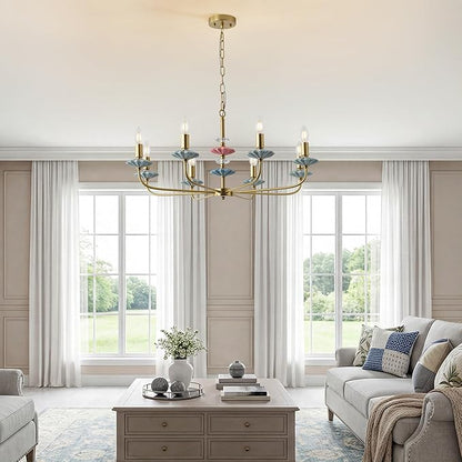 Brass Gold Chandeliers for Dining Room Light Fixture Over Table,8-Light Art Deco Chandelier, Modern Vintage Chandelier with Ceramic,Farmhouse Chandelier for Girls Bedroom Living Room, Foyer