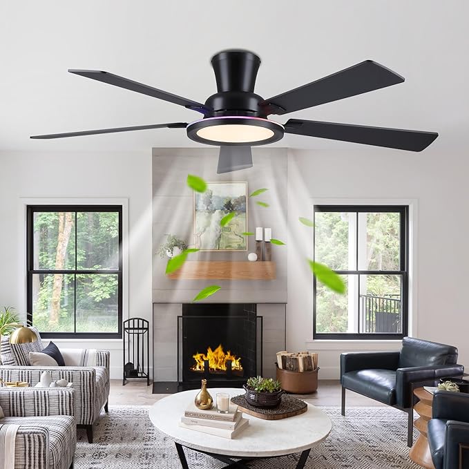 Ayaoty Ceiling Fans with Lights - 52in Flush Mount Ceiling Fan with RGB Dimmable, 3CCT 6 Wind Speeds and Reversible Quiet Motor, Low Profile RGB Fan Light for Modern Indoor, Party - Black RGB