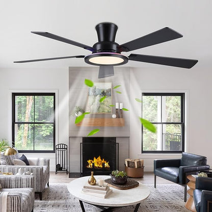 Ayaoty Ceiling Fans with Lights - 52in Flush Mount Ceiling Fan with RGB Dimmable, 3CCT 6 Wind Speeds and Reversible Quiet Motor, Low Profile RGB Fan Light for Modern Indoor, Party - Black RGB