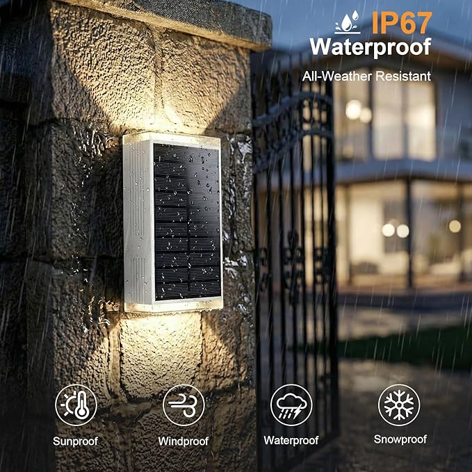 Solar Wall Light Outdoor,3000/4500/6000K/RGB 13 Modes Dusk to Dawn Lighting Solar Sconce Lights IP67 Waterproof Up and Down Solar Lights Outdoor for House /Porch/Fence/Patio/Garage-White Shell (4PCS)
