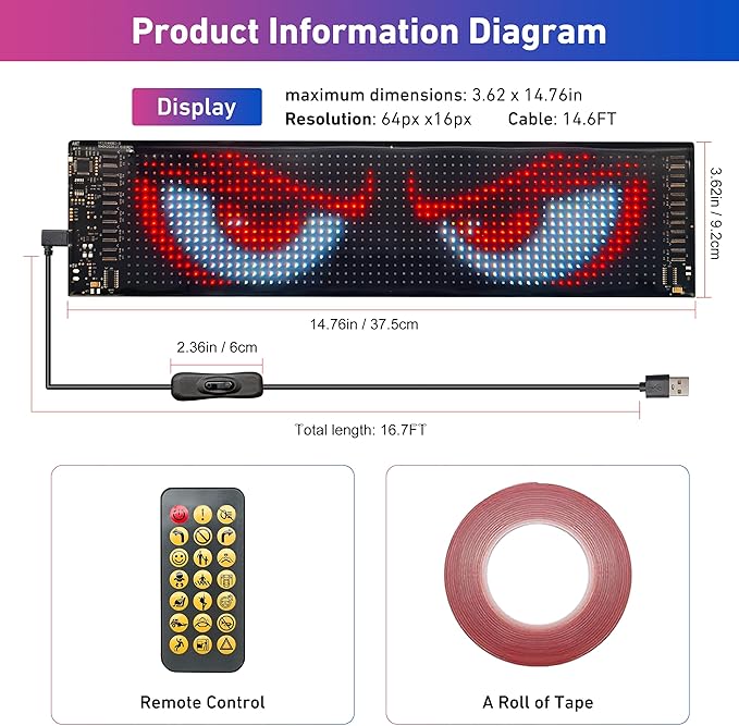 Devil Eyes Light for Cars, 15"x4" Programmable Flex LED Sign, 1PC Led Eyes for Car Windshield with APP Control and Remote Controller