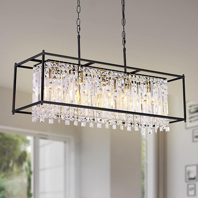 Crystal Chandeliers for Dining Room, Modern Black Chandelier for Living Room, Adjustable Height, 5-Light Pendant Light Fixture, Rectangle Lighting for Kitchen Island Living Room-L35.4"