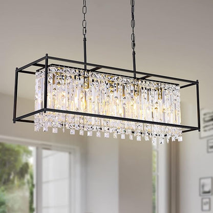 Crystal Chandeliers for Dining Room, Modern Black Chandelier for Living Room, Adjustable Height, 5-Light Pendant Light Fixture, Rectangle Lighting for Kitchen Island Living Room-L35.4"