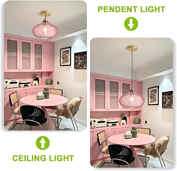 Glass Pendant Lights Kitchen Island, 11'' Brass Gold Pendant Lighting Fixtures, Modern Hanging Ceiling Light with Striped Purple Pink Glass Shade for Farmhouse Dining Room Bedroom Hallway(1 Pack)