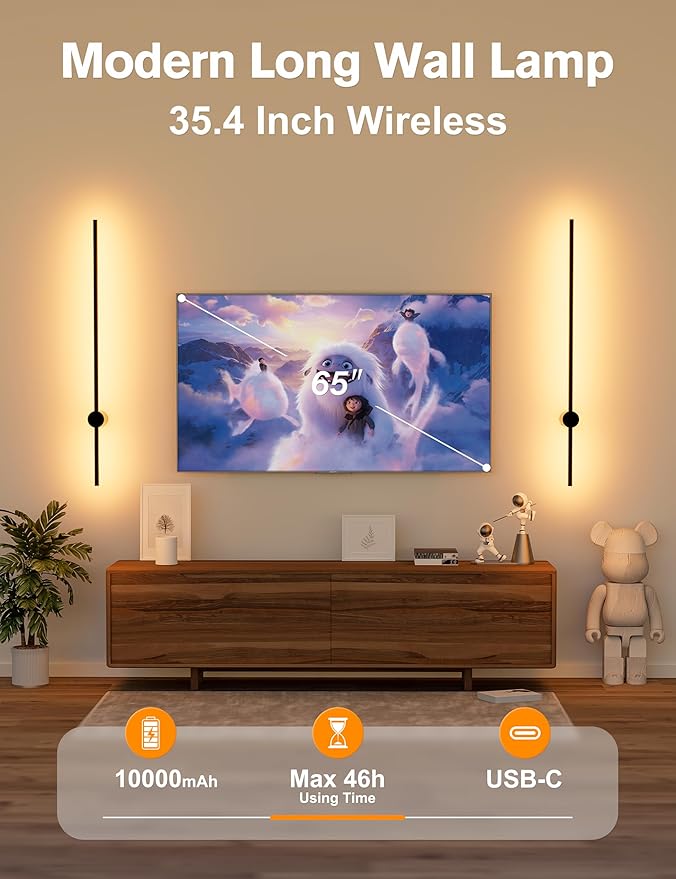 JOFIOS Battery Operated Wall Sconces Set of 2,10000mAh Rechargeable Wireless Sconces with Remote Control,Dimmable Wall Lamps with 7 Colors,35.4 Inch Modern Black Wall Lights for Bedroom, Living Room