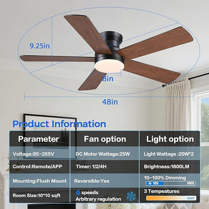 Ayaoty Flush Mount Ceiling Fan with Light and Remote/APP - 48" Low Profile Ceiling Fan with 3CCT Dimmable, 5 Reversible Blades, Modern Indoor Fan Light Fixtures for Bedroom, Kitchen