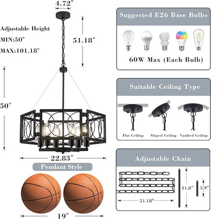 22.83'' Black Farmhouse Chandelier for Dining Room, Large Modern Industrial Geometric Pendant Lighting Fixture Adjustable Hanging Lights for Kitchen Island Foyer Hallway