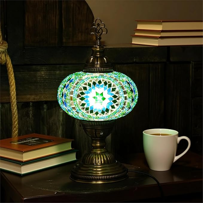 Turkish Mosaic Table Lamp with Bulb – Light Green Handmade Stained Glass Bedside Light, Authentic Turkish Boho Vintage Home Decor with E12 Socket