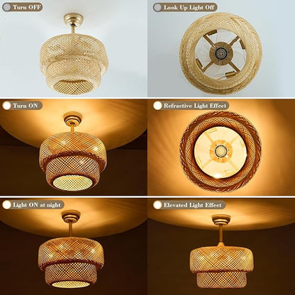 19.3" Bamboo Caged Ceiling Fan with Lights and Remote,4-Light Boho Rattan Ceiling Fan with Light Reversible Motor, Farmhouse Rattan Chandelier Fan for Bedroom, Living Room