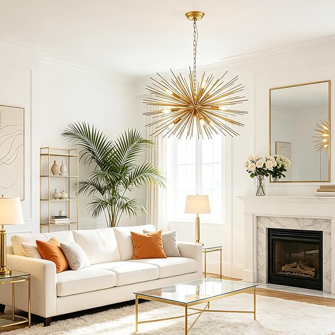 29" Modern Sputnik Chandelier 9-Lights Mid Century Modern Starburst Golden Chandelier Luxury Gold Solid Metal Sputnik Satellite Chandeliers for Dining Room, Kitchen Island, Bedroom