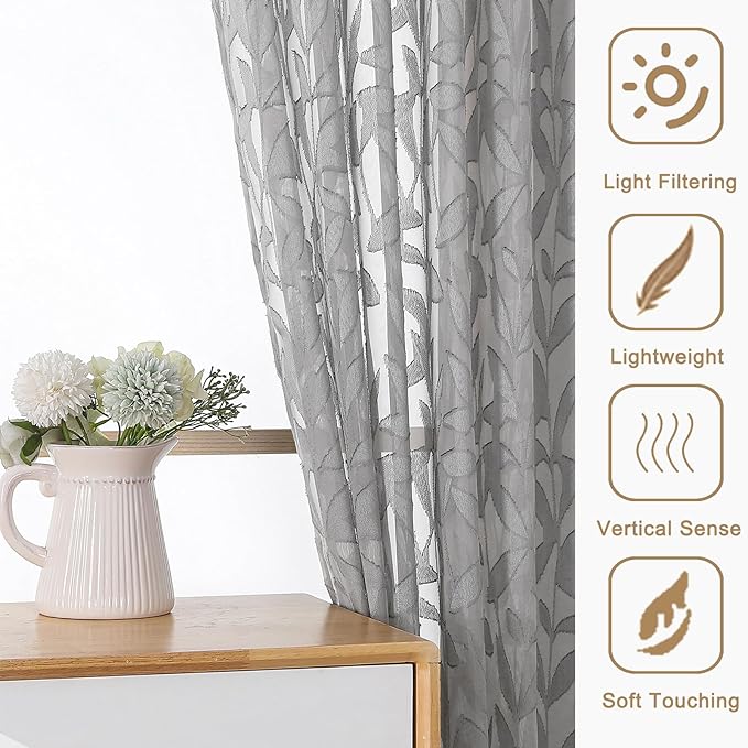 Gwine Charcoal Grey Sheer Curtain 54 Inch Length for Living Room 2 Panels, Light Filtering Leaf Jacquard Clip Textured Curtains for Bedroom, Soft Airy Farmhouse Rod Pocket Window Curtain, 42" Wx54 L