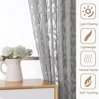Gwine Charcoal Grey Sheer Curtain 54 Inch Length for Living Room 2 Panels, Light Filtering Leaf Jacquard Clip Textured Curtains for Bedroom, Soft Airy Farmhouse Rod Pocket Window Curtain, 42" Wx54 L