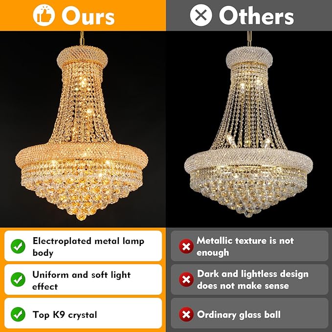 Crystal Chandeliers for Dining Room Light Fixture,Empire Style K9 Crystal Chandeliers for Entryway,12 Lights Gold Luxury Lighting Fixtures for Living Room Stairway Bedroom Foyer D22 Inch