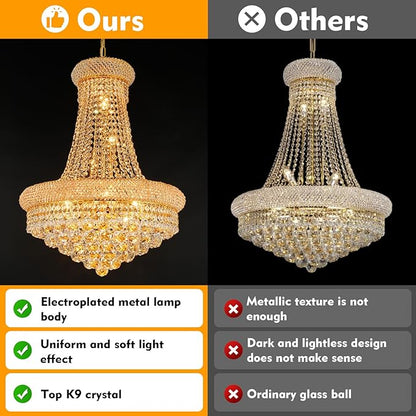 Crystal Chandeliers for Dining Room Light Fixture,Empire Style K9 Crystal Chandeliers for Entryway,12 Lights Gold Luxury Lighting Fixtures for Living Room Stairway Bedroom Foyer D22 Inch