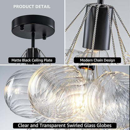 GoYeel Flush Mount Ceiling Light 14.17"-Mid Century Modern Chandelier Lighting Black Globe Bubble Chandeliers 1 Light with 9 Clear Swirled Glass Ball Lighting for Dining Room,Include E26 Blub
