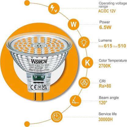 MR16 GU5.3 LED Bulbs 6.5W Replace 60W Halogen Equivalent 2700K Warm White 510Lm, 12V Low Voltage Non-Dimmable 120° Flicker-Free Spotlight for Landscape Track Lighting, Pack of 6