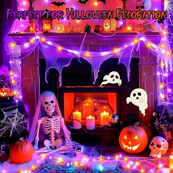 FairyGlim Purple&Orange Halloween Lights, 33FT 100 LED Outdoor String Light with Timer & 8 Modes, 3AA Battery Operated Waterproof String Light for Outdoor and Indoor Halloween Decor