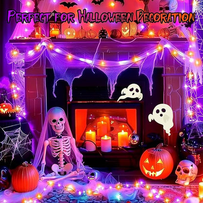 FairyGlim Purple&Orange Halloween Lights, 33FT 100 LED Outdoor String Light with Timer & 8 Modes, 3AA Battery Operated Waterproof String Light for Outdoor and Indoor Halloween Decor