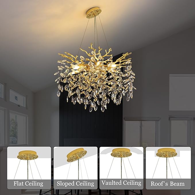 Tree Branch Chandelier Modern Crystal Pendant Light, Luxury Gold Art Deco Raindrop Lighting Fixture for Dining Room Bedroom Living Room 6 Lights D18''