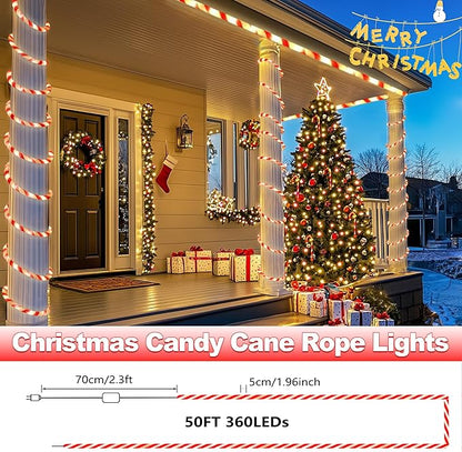 Toodour Christmas Candy Cane Lights, 50ft 360 LED Candy Cane Rope Lights Outdoor with 8 Modes, Connectable, Timer, Waterproof White & Red Christmas Light for Garden Patio Bedroom Party Xmas Decor
