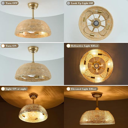 19.3" Rattan Caged Ceiling Fan with Lights 4-Lights Boho Flush Mount Bamboo Fandelier with Remote Reversible Farmhouse Wicker Fan Chandelier for Bedroom Living Room Dining Room Entryway