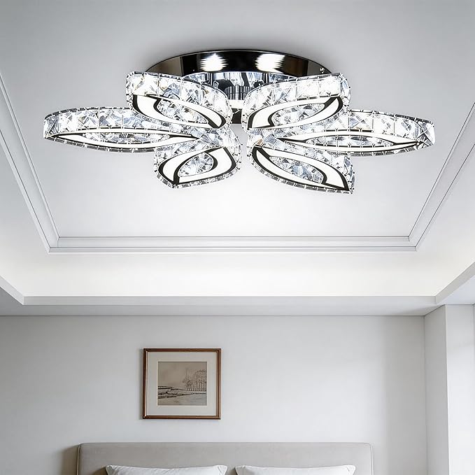 CLAIRDAI 20" Modern Crystal Chandelier, Flower Led Chandelier with K9 Crystal Acrylic, Cool White 6500K, 20" x 20" x 3.1" for Living Room
