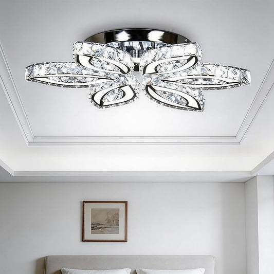 CLAIRDAI 20" Modern Crystal Chandelier, Flower Led Chandelier with K9 Crystal Acrylic, Cool White 6500K, 20" x 20" x 3.1" for Living Room