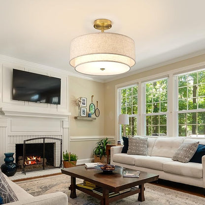 16" Semi Flush Mount Ceiling Light Fixture,Modern Close to Ceiling Light, 3-Lights Gold Drum Ceiling Light with Linen Fabric Shade for Bedroom Living Dining Room Hallway Entryway Foyer
