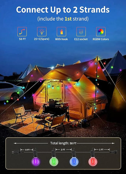 Brightown Outdoor String Lights 58 Feet G40 LED Patio Lights, 27 Plastic Edison Bulbs(2 Spare), Remote, Timer, Waterproof Connectable Hanging Light for Backyard Porch Balcony Party Decor, Multicolor