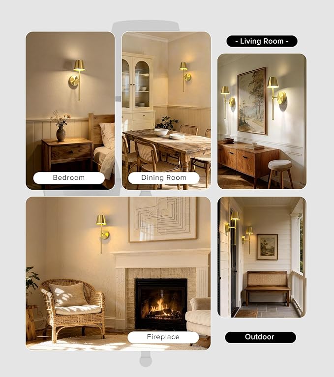 UME Wireless Sconces Set of 2 with Remote, 5200mAh Battery Powered Sconces - Small Rechargeable Sconces w/ 3 Color Temps & 5 Brightness Levels for Bedroom, Living Room, Wall Painting, Cafe(Gold)