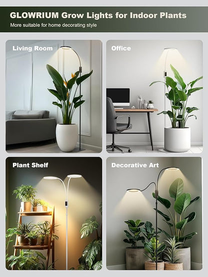 GLOWRIUM Smart Grow Lights for Indoor Plants, 24W Full Spectrum Plant Lights with Bluetooth App, Adjustable Height 47-70.9", Auto Timer, Indoor Plant Lamp for Large Tall Plants（Black 24W）