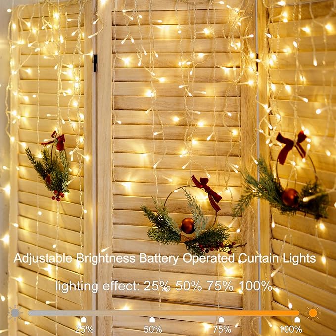 Battery Operated Curtain Lights,9.8ft×9.8ft 300 LED Curtain Lights with Remote Timer 8 Modes, Waterproof Hanging Fairy Lights for Outdoor Indoor Wedding Christmas Decor (Warm White)
