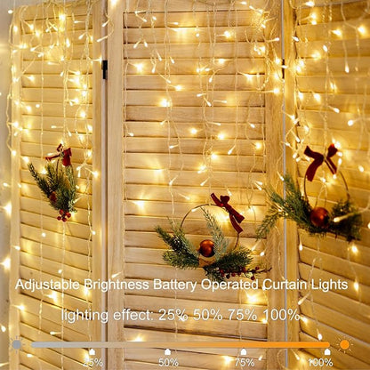 Battery Operated Curtain Lights,9.8ft×9.8ft 300 LED Curtain Lights with Remote Timer 8 Modes, Waterproof Hanging Fairy Lights for Outdoor Indoor Wedding Christmas Decor (Warm White)