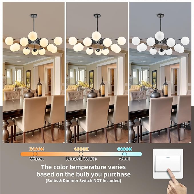 Longree 12-Light Black and White Sputnik Chandeliers with Blossom Accent Milk Glass Bubble Pendant Lighting, Mid Century Opal Glass Ceiling Light Fixture for Dining Hallway Living