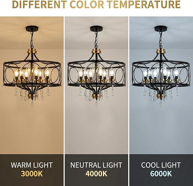 Modern Chandelier Black Metal Crystal Hanging Light 6 Light Dining Room Pendant Lighting Fixture for Farmhouse Bedroom Living Room Kitchen Entryway E12 Bulbs Not Included