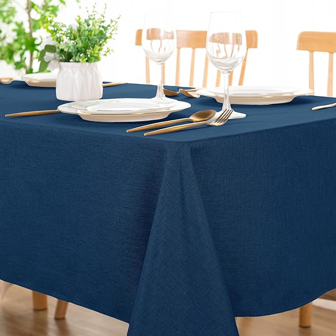DWCN Rectangle Faux Linen Tablecloth - Waterproof Spill-Proof Wrinkle and Stain Resistant Table Cloth Washable Decorative Farmhouse Table Cover for Kitchen Dining Party, 60 x 120 Inch, Navy Blue