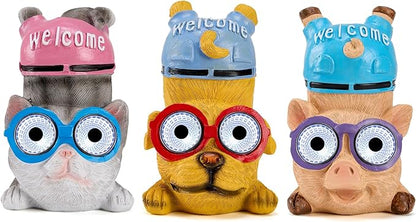 pearlstar 3 Pack Solar Lights Outdoor Garden Statues Resin Animal with Welcome Sign, Cat Dog Pig Solar Figurines LED Lights Waterproof Outside Decor for Patio Yard, Mothers Day Gifts for Mom Grandma