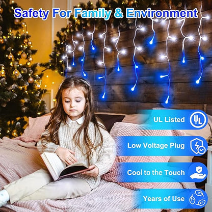 504LED 50ft Christmas Lights, 112Drops 12 Modes Christmas String Lights Outdoor Dimmable, Waterproof Christmas Decorations Fairy Lights with Timer Memory for Party Patio Window Fence Blue & CoolWhite