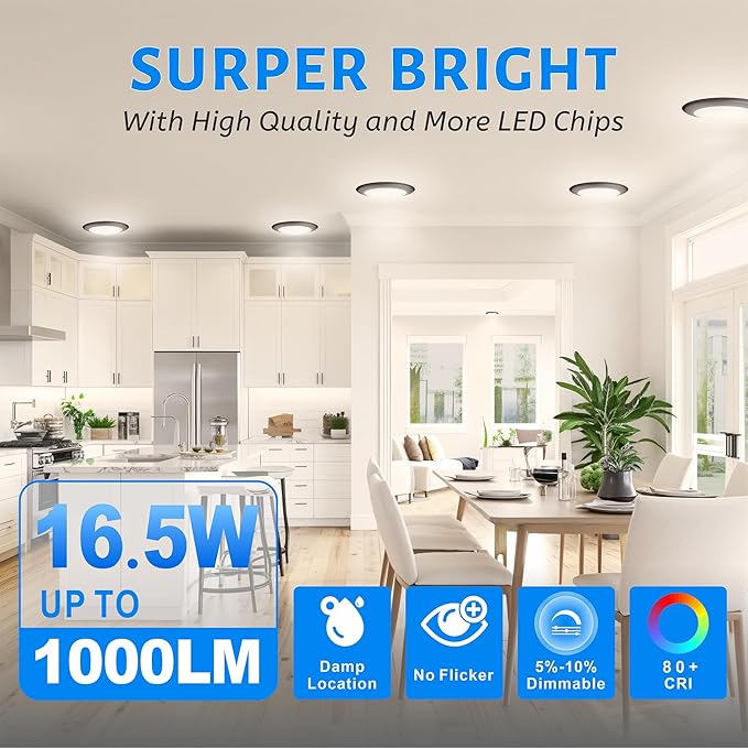 ECOELER 6 Inch Flush Mount LED Disk Lights, 3000K/4000K/5000K Selectable Ceiling Downlight, 16.5W 1100Lm, Surface Mount Ceiling Lights for J-Box or Recessed Can, ETL-Listed, Bronze, 4 Pack
