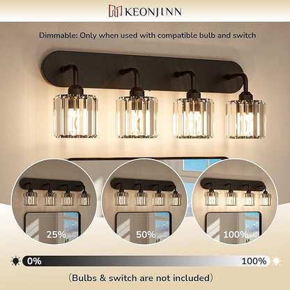 Keonjinn 2-Light Bathroom Light Fixtures, Crystal Black Bathroom Vanity Lights Over Mirror, Vanity Lighting Fixtures with Crystal Square Shades (E26 Base, Exclude Bulb)