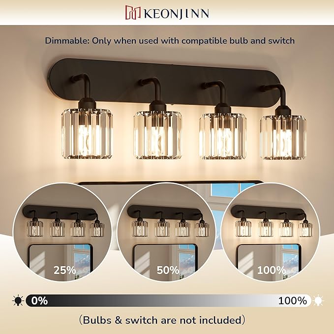 Keonjinn 3-Light Bathroom Light Fixtures, Crystal Black Bathroom Vanity Lights Over Mirror, Vanity Lighting Fixtures with Crystal Square Shades for Mirror, Modern Decor (E26 Base, Exclude Bulb)