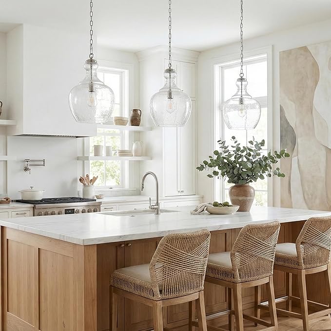 Henn&Hart 11" Mid-Century Modern Pendant Light Fixture with Seeded Glass Dome Shade and 6' Adjustable Cord for Kitchen Island, Dining Room or Game Room, Brushed Silver