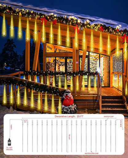 EAGWELL Outdoor Christmas Lights 16 Inch 20 Tubes Meteor Shower, Warm White Falling Rain Drop Icicle String Lights, Cascading Snow Effect Waterproof Xmas Decor for Tree Wedding Party Garden Holiday