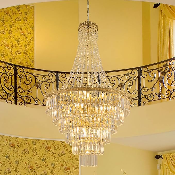 TOCHIC French Empire Crystal Chandelier Modern Farmhouse Chandelier Ceiling Light for Foyer Entryway High Ceiling, Vintage Gold Chandelier Light Fixture for Dining Living Room 28" W x 48" H