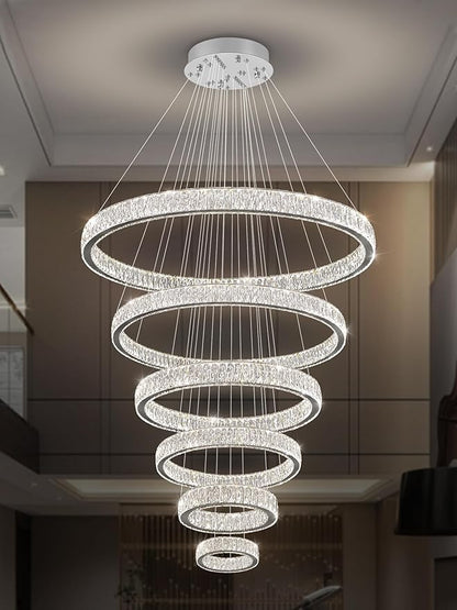 Extra Large 6 Ring Crystal Chandelier Modern LED Long Crystal Chandelier for High Ceiling Height Adjustable D8+15.7"+23.6"+31.5"+39.4"+47.5" Dimmable 2700K-6000K