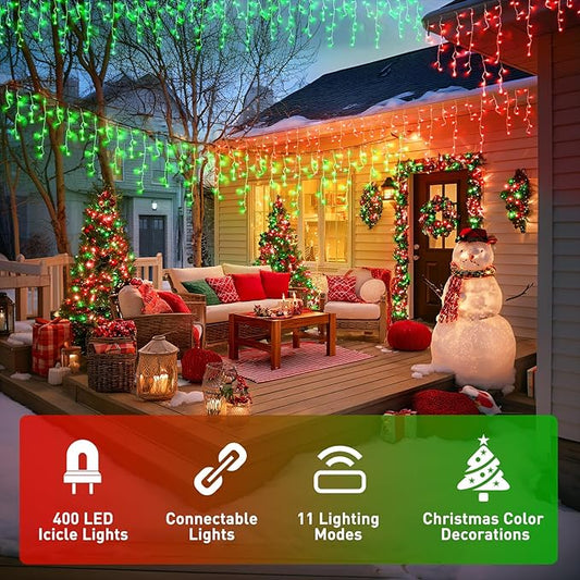 JMEXSUSS 400 LED Red and Green Christmas Lights, Red & Green Icicle Lights Clear Wire, Connectable String Lights Plug in for Christmas Party Outdoor Eaves Home Xmas Decorations