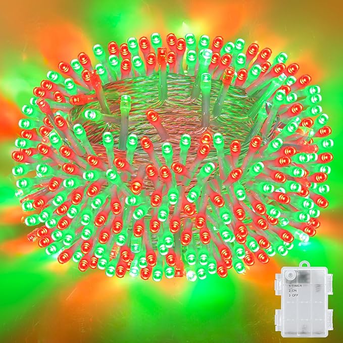 cshare Red and Green Christmas Lights Outdoor Waterproof 9.8ft 30 LED, String Lights Battery Operated with Timer Clear Wire for Indoor & Outdoor Christmas Decorations Garland Party Garden