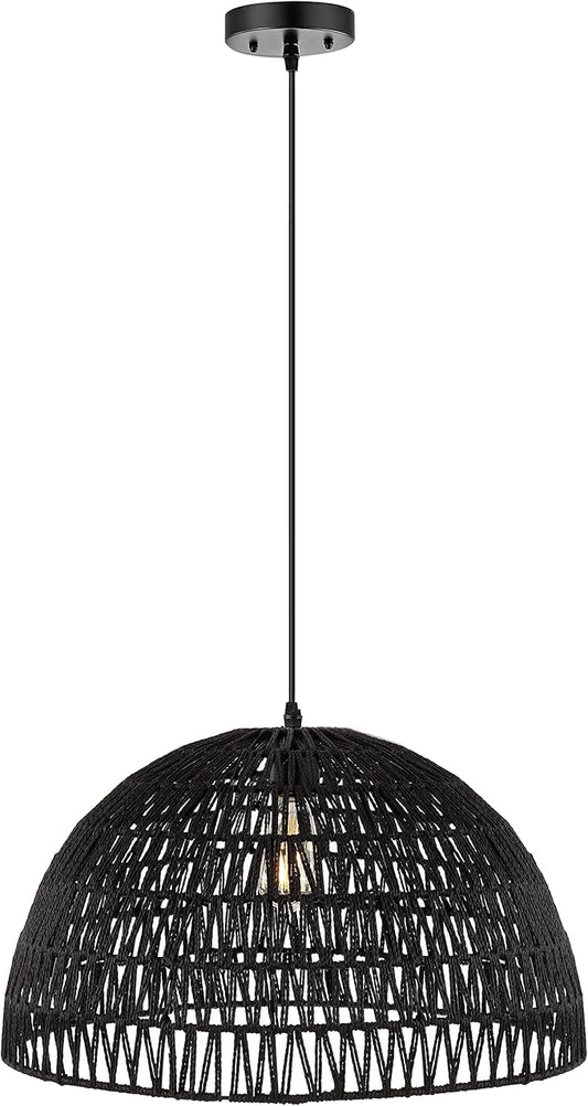 JONATHAN Y 20" Black Modern Bohemian Woven Rope LED Pendant Light Fixture, Adjustable Dome Ceiling Lamp for Kitchen Island, Rope Shade, Coastal Farmhouse Decor (JYL6504C)